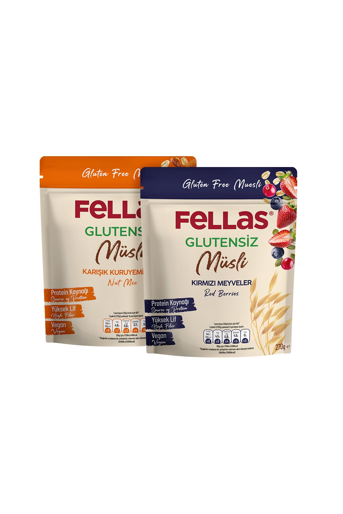 Glutensiz Müsli 2'li - Karışık Kuruyemişli (270 g) + Kırmızı Meyveli (270 g)