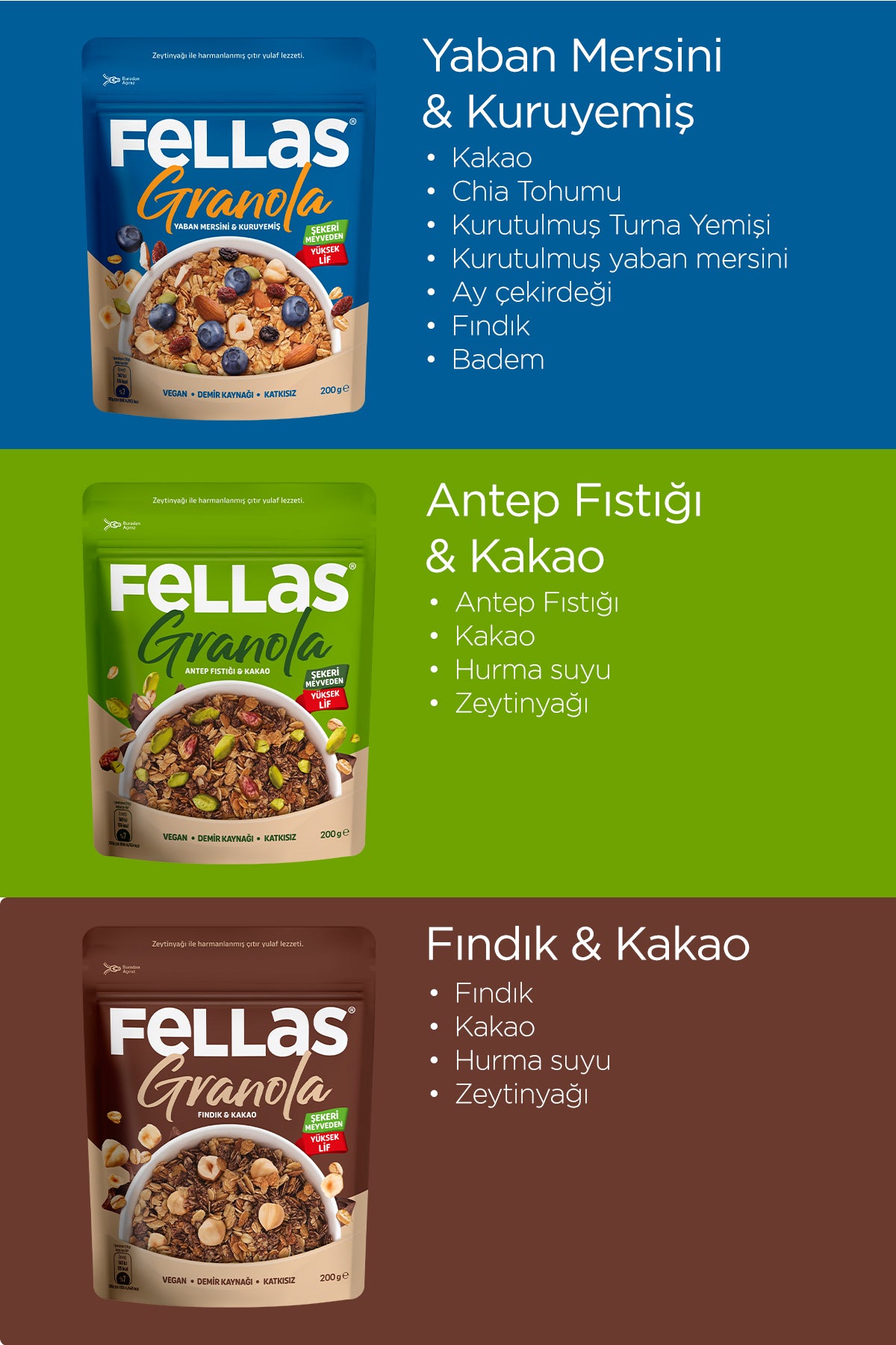 Granola 3'lü Mix Paket - Yaban Mersinli (200 g) + Fındık & Kakao (200 g) + Antep Fıstıklı (200 g)