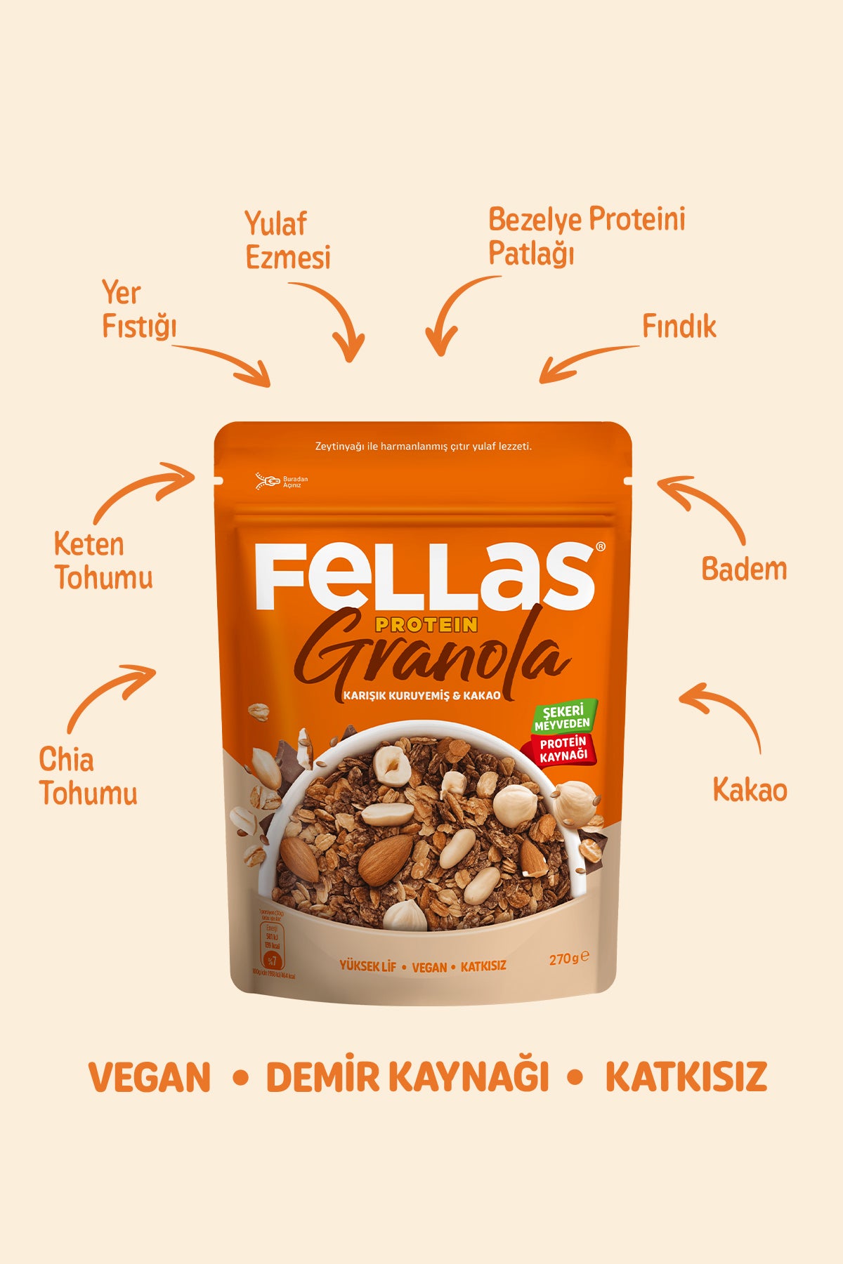 Fellas Protein Granola - Karışık Kuruyemiş & Kakao 270g - 3'lü