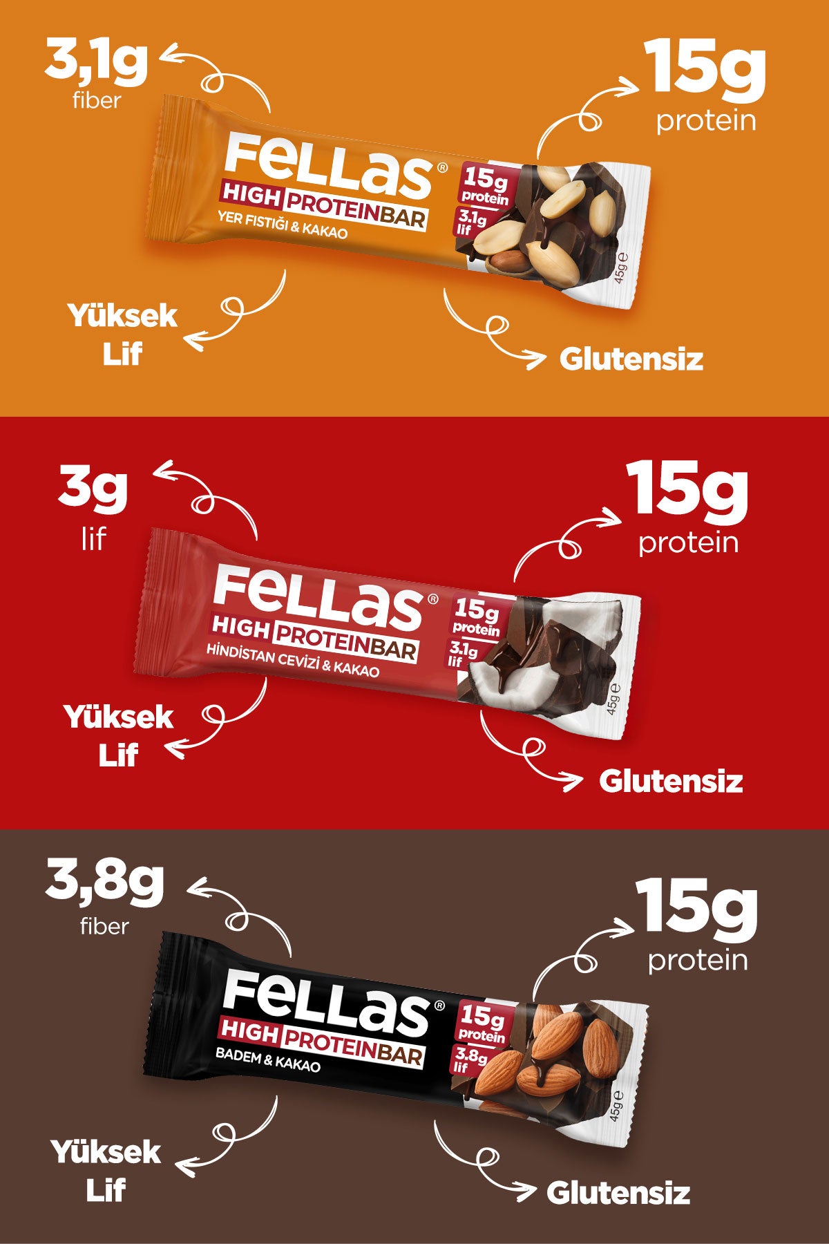 Yüksek Protein Bar (45 g) Karma Kutu - 12 Adet (3 Çeşit)
