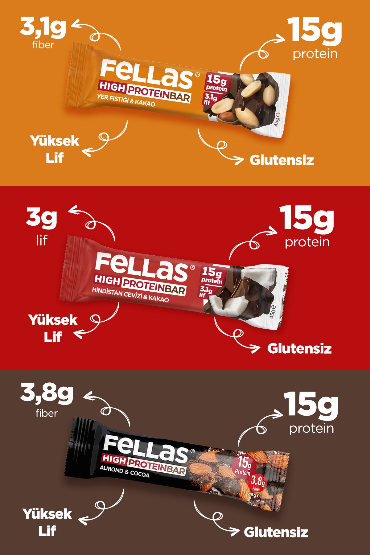 Yüksek Protein Bar (45 g) Karma Kutu - 12 Adet (3 Çeşit)