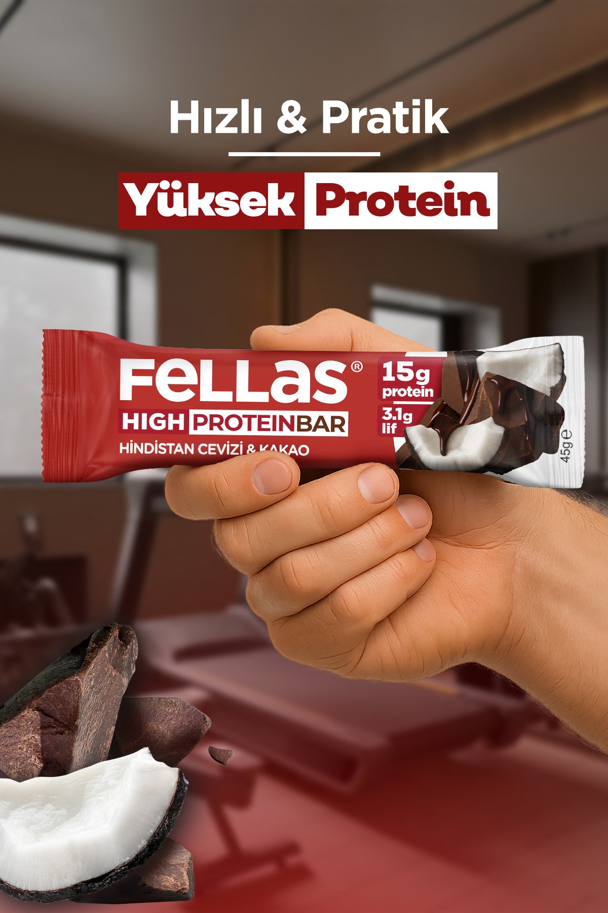 Yüksek Protein Bar - Hindistan Cevizli ve Kakaolu (45 g) x 12 Adet