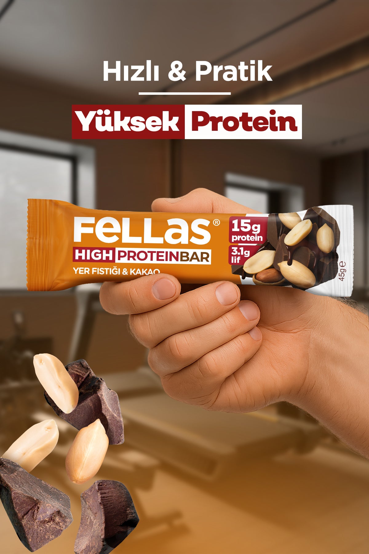 Yüksek Protein Bar - Yer Fıstıklı ve Kakaolu (45 g) x 12 Adet