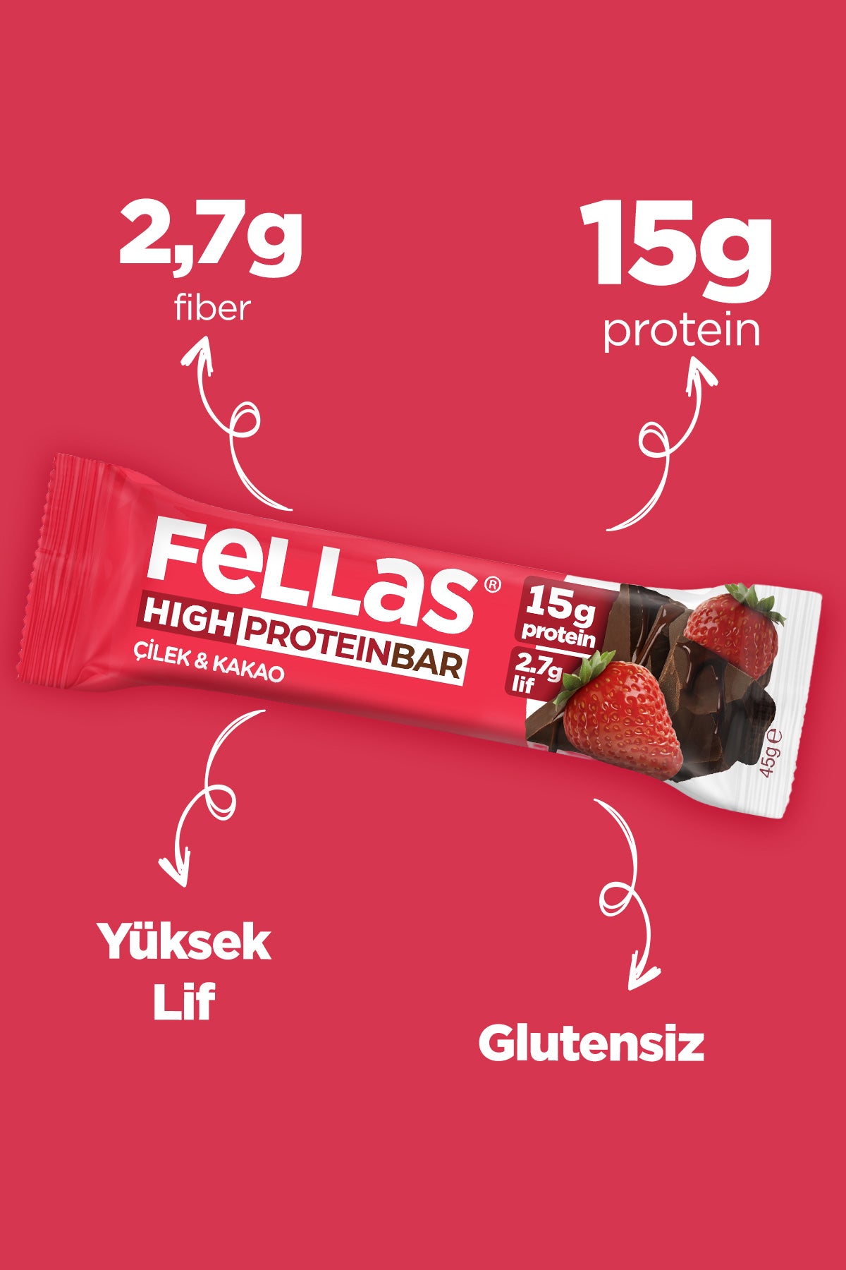 Yüksek Protein Bar - Çilekli (45 g) x 12 Adet