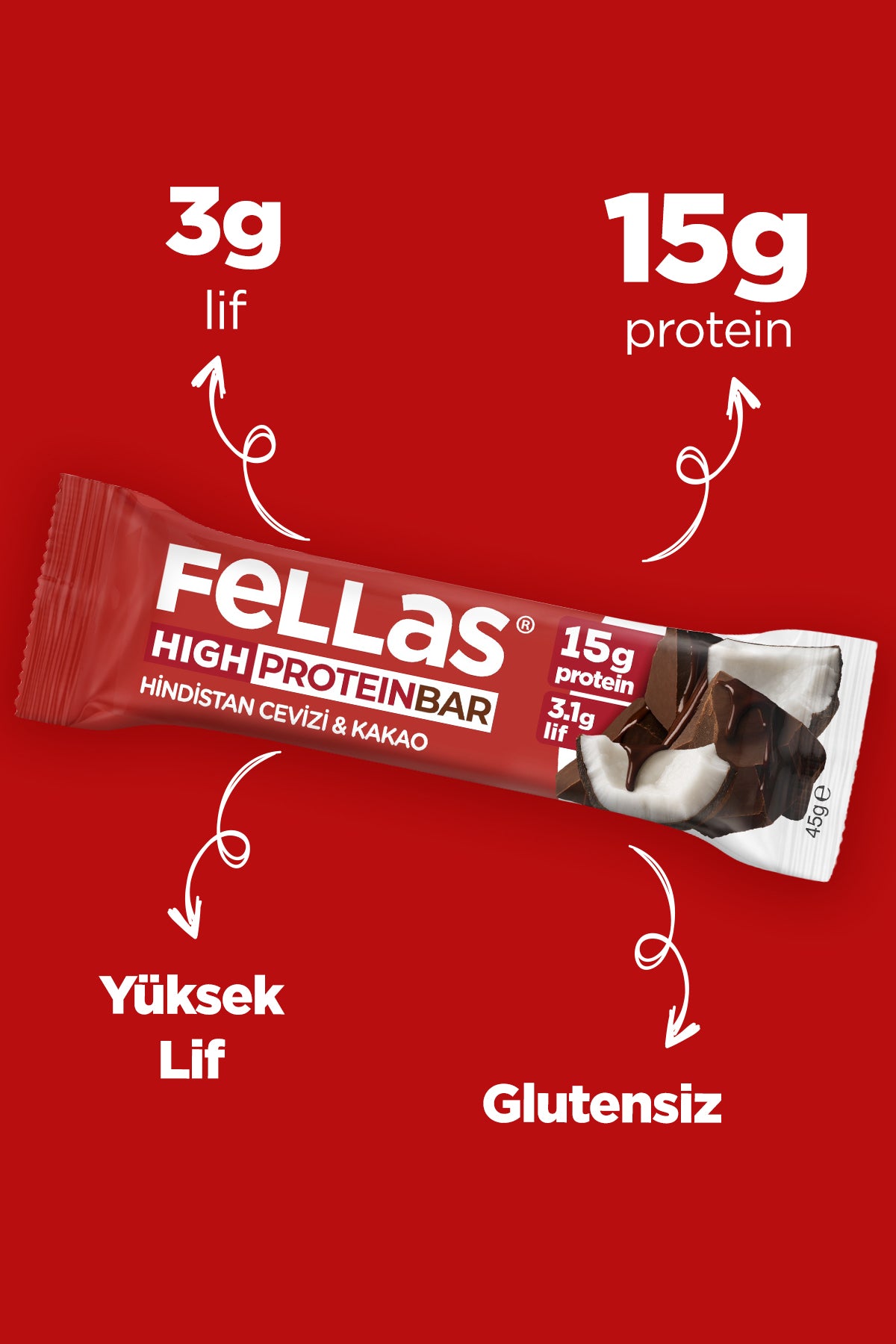 Yüksek Protein Bar - Hindistan Cevizli ve Kakaolu (45 g) x 12 Adet