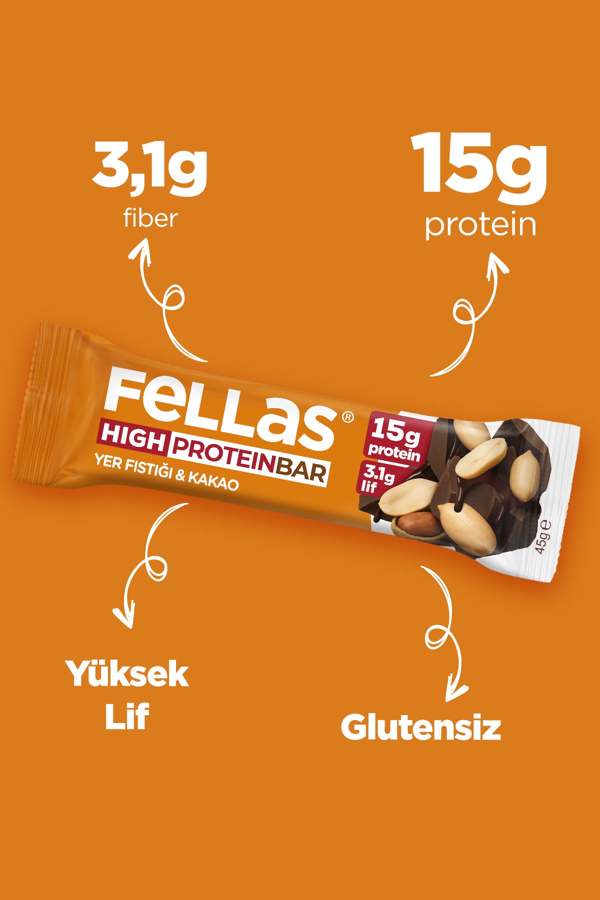 Yüksek Protein Bar - Yer Fıstıklı ve Kakaolu (45 g) x 12 Adet