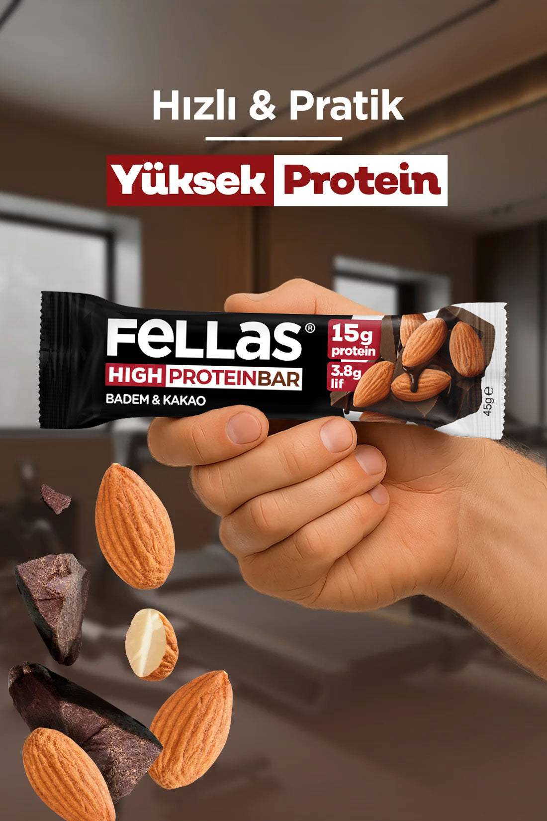 Yüksek Protein Bar - Bademli ve Kakaolu (45 g) x 12 Adet