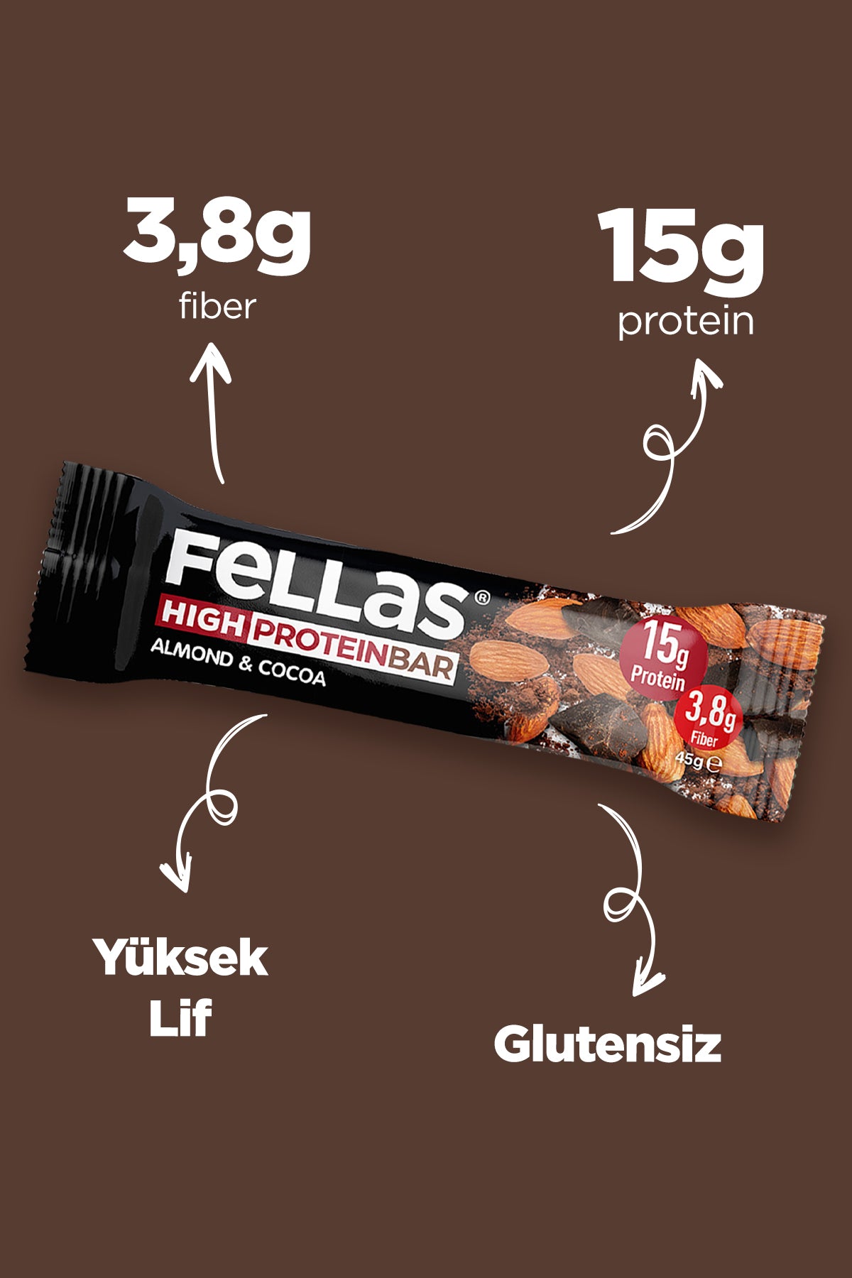 Yüksek Protein Bar - Bademli ve Kakaolu (45 g) x 12 Adet