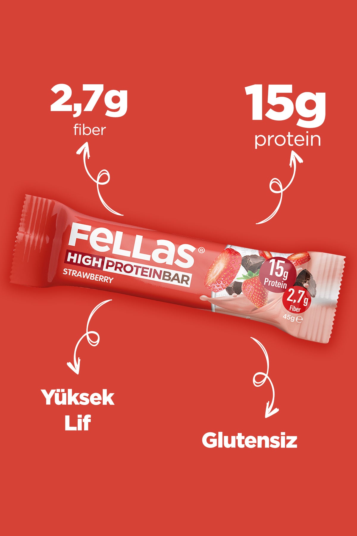 Yüksek Protein Bar - Çilekli (45 g) x 12 Adet