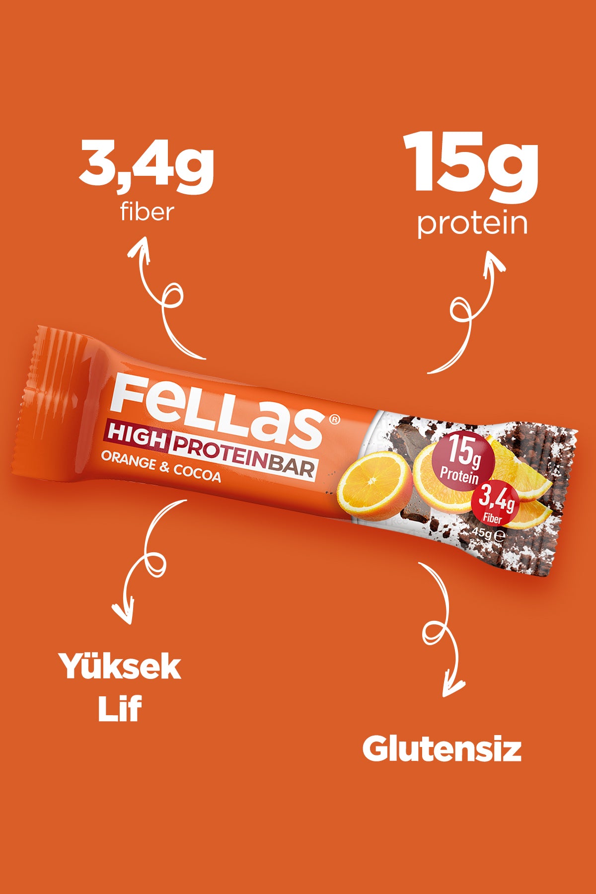 Yüksek Protein Bar - Portakallı ve Kakaolu (45 g) x 12 Adet