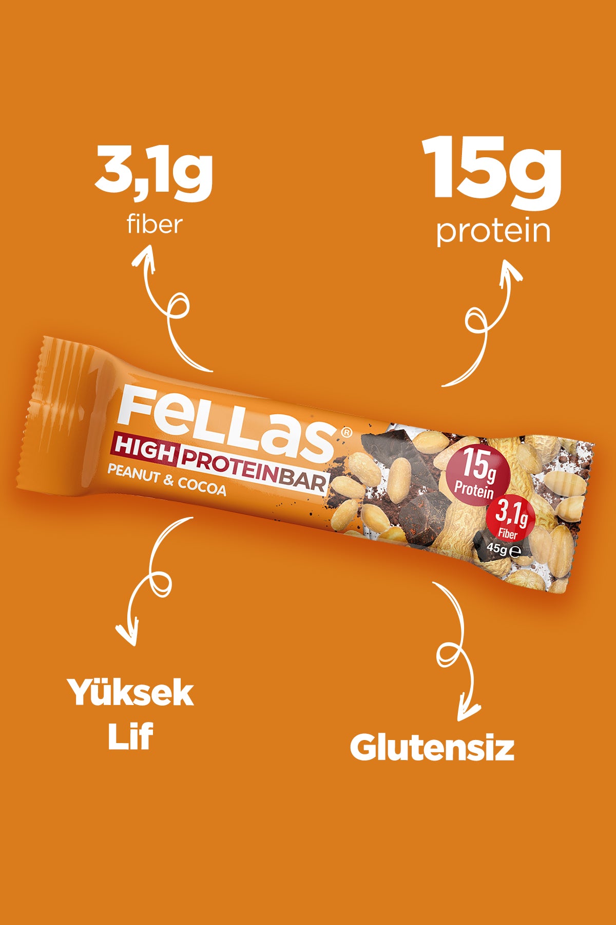Yüksek Protein Bar - Yer Fıstıklı ve Kakaolu (45 g) x 12 Adet