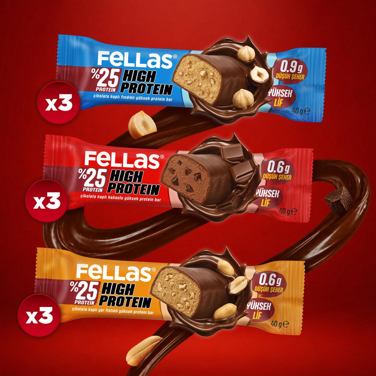 Çikolata Kaplı Yüksek Protein Bar (40 g) - Karma Kutu (3 x 3)
