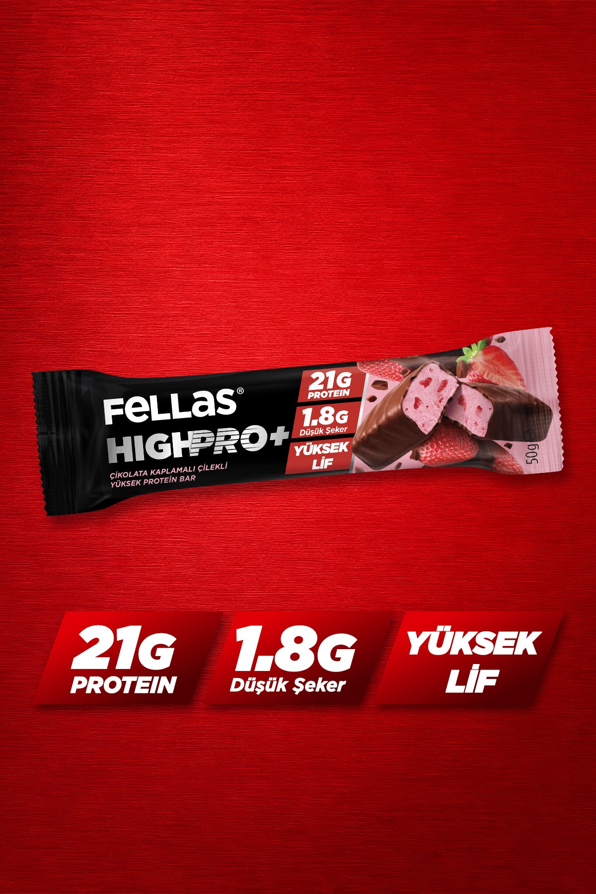 Çikolata Kaplı HighPro+ Protein Bar - Çilekli (50 g) x 12 Adet