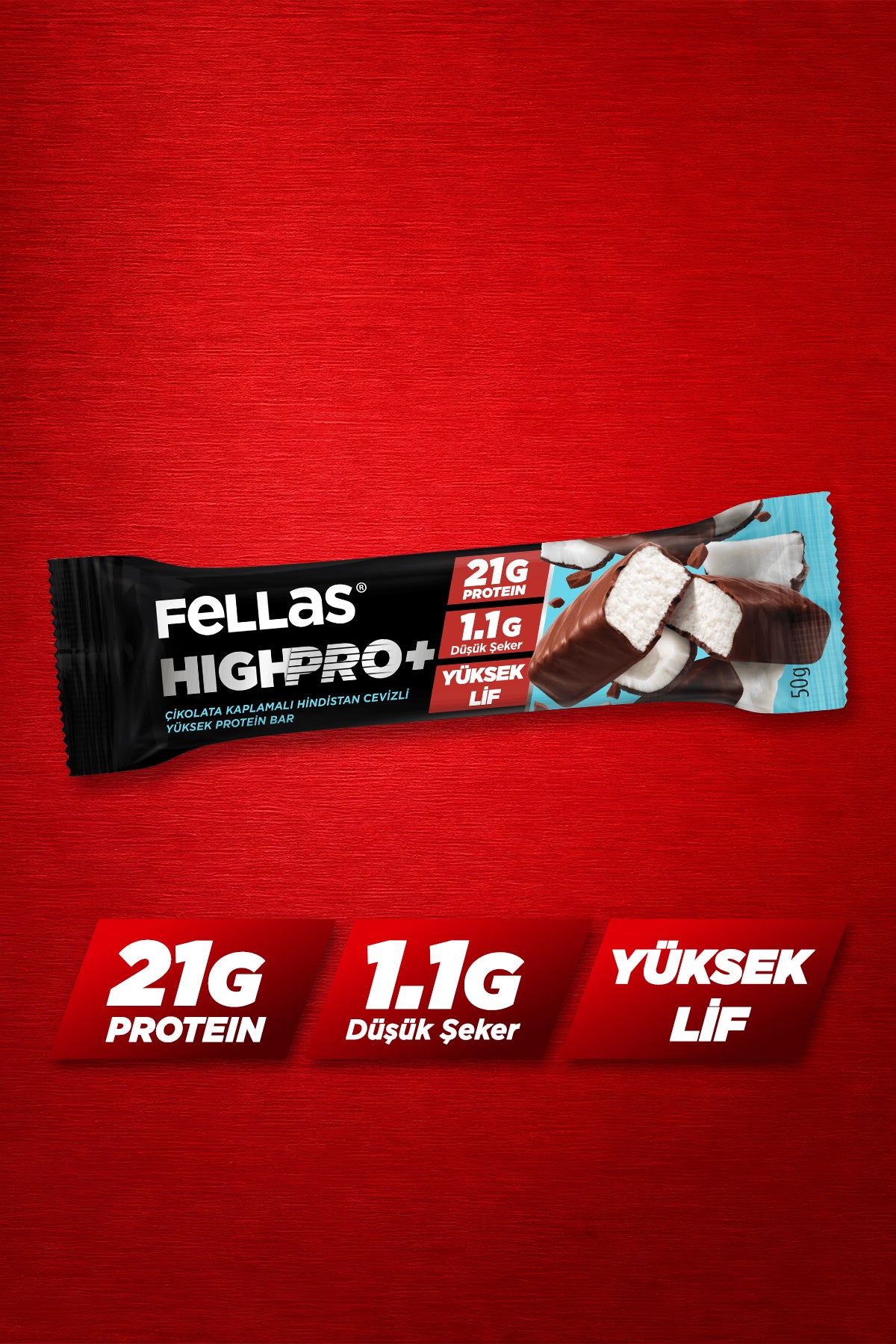 Çikolata Kaplı HighPro+ Protein Bar - Hindistan Cevizli (50 g) x 12 Adet