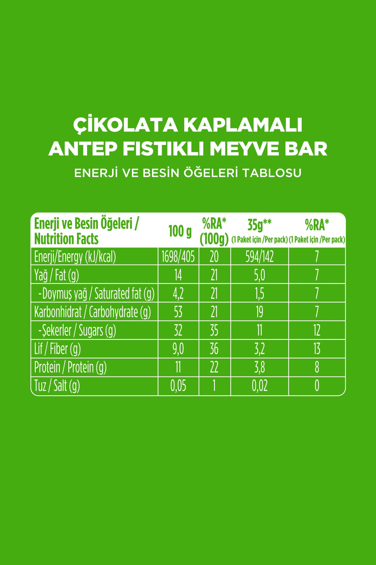 Choco - Çikolata Kaplı Antep Fıstıklı Meyve Bar (35 g) x 12 Adet