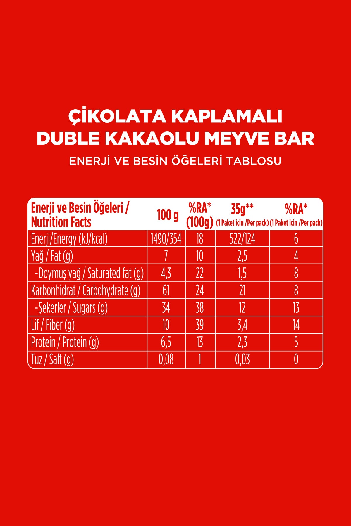 Choco - Çikolata Kaplı Duble Kakaolu Meyve Bar (35 g) x 12 Adet