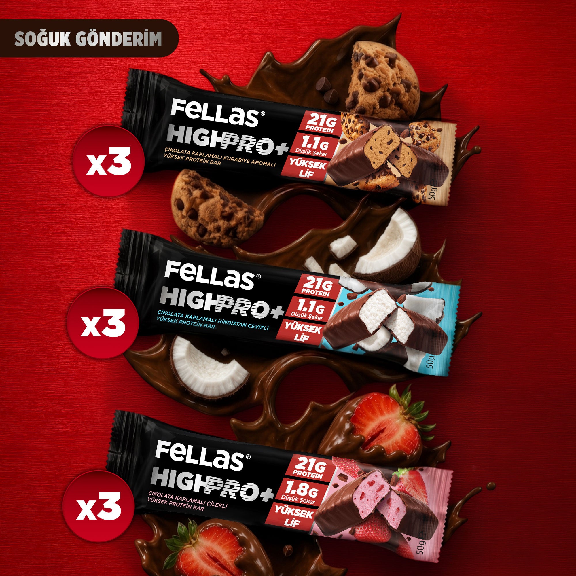 Çikolata Kaplı HighPro+ Protein Bar (50 g) Karma Kutu (3 x 3)