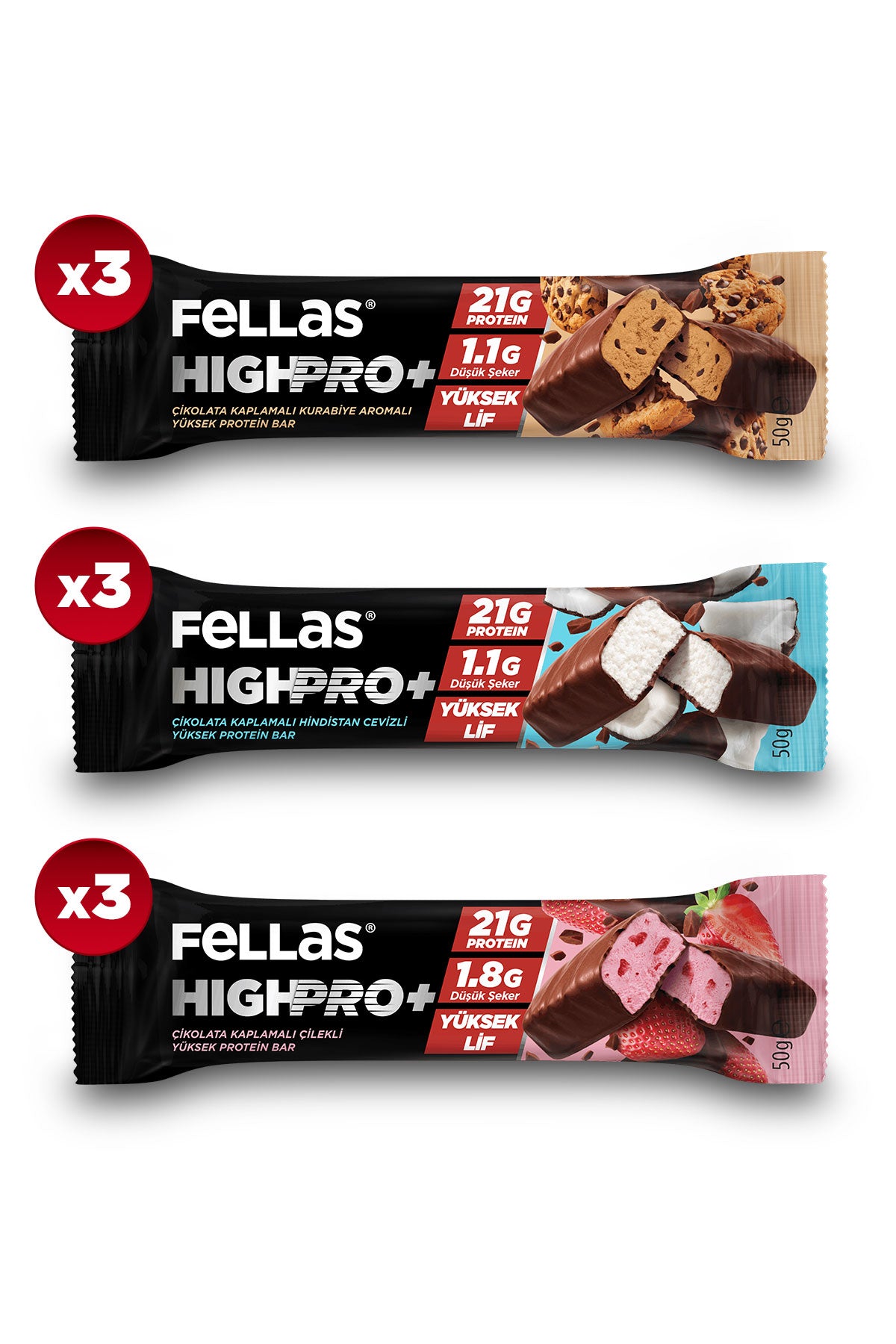 Çikolata Kaplı HighPro+ Protein Bar (50 g) Karma Kutu (3 x 3)