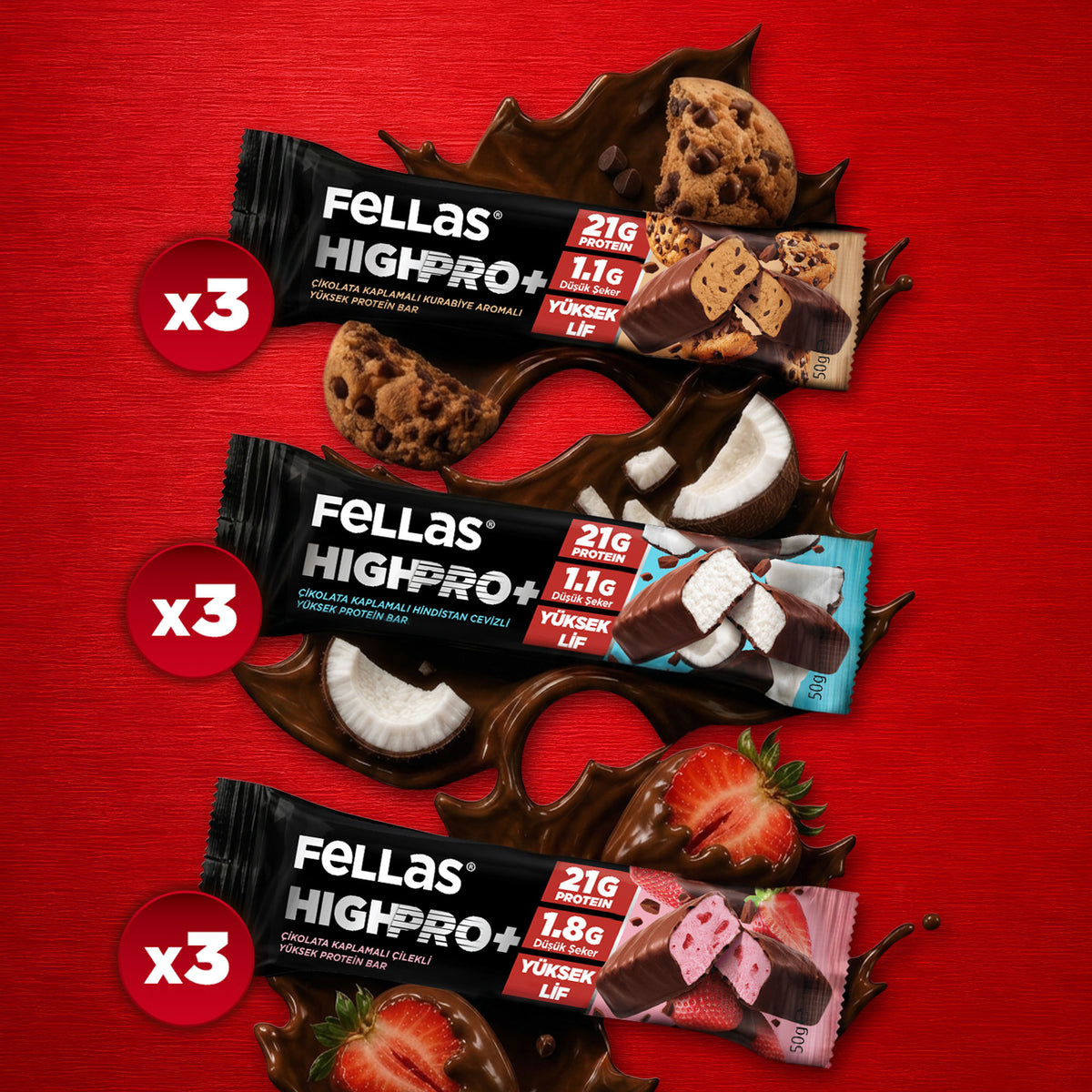 Çikolata Kaplı HighPro+ Protein Bar (50 g) Karma Kutu (3 x 3)