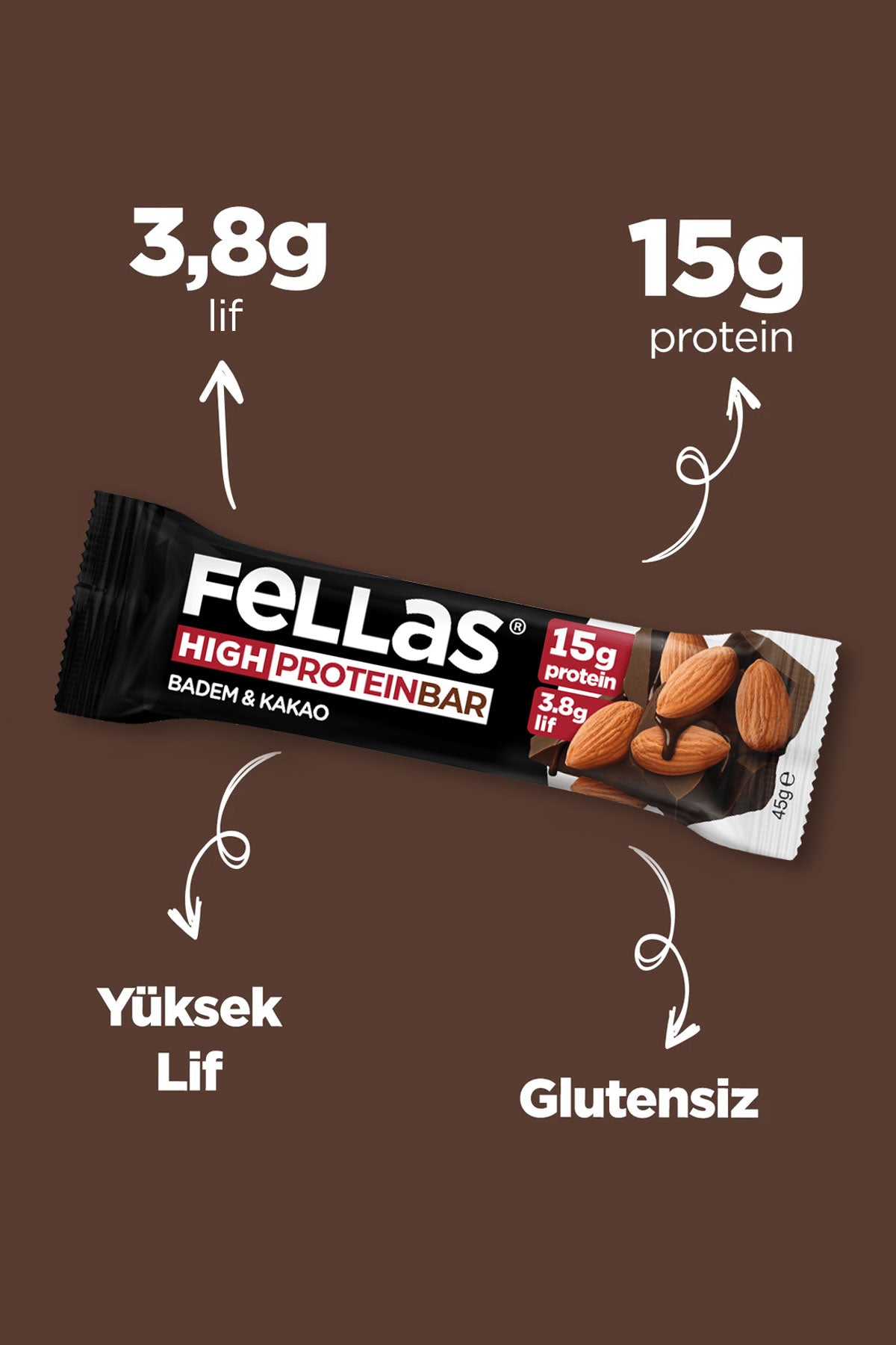 Yüksek Protein Bar - Bademli ve Kakaolu (45 g) x 12 Adet