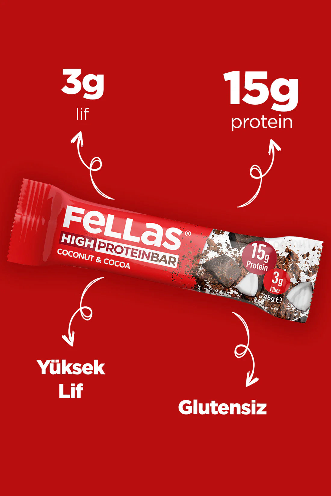 Yüksek Protein Bar - Hindistan Cevizli ve Kakaolu (45 g) x 12 Adet