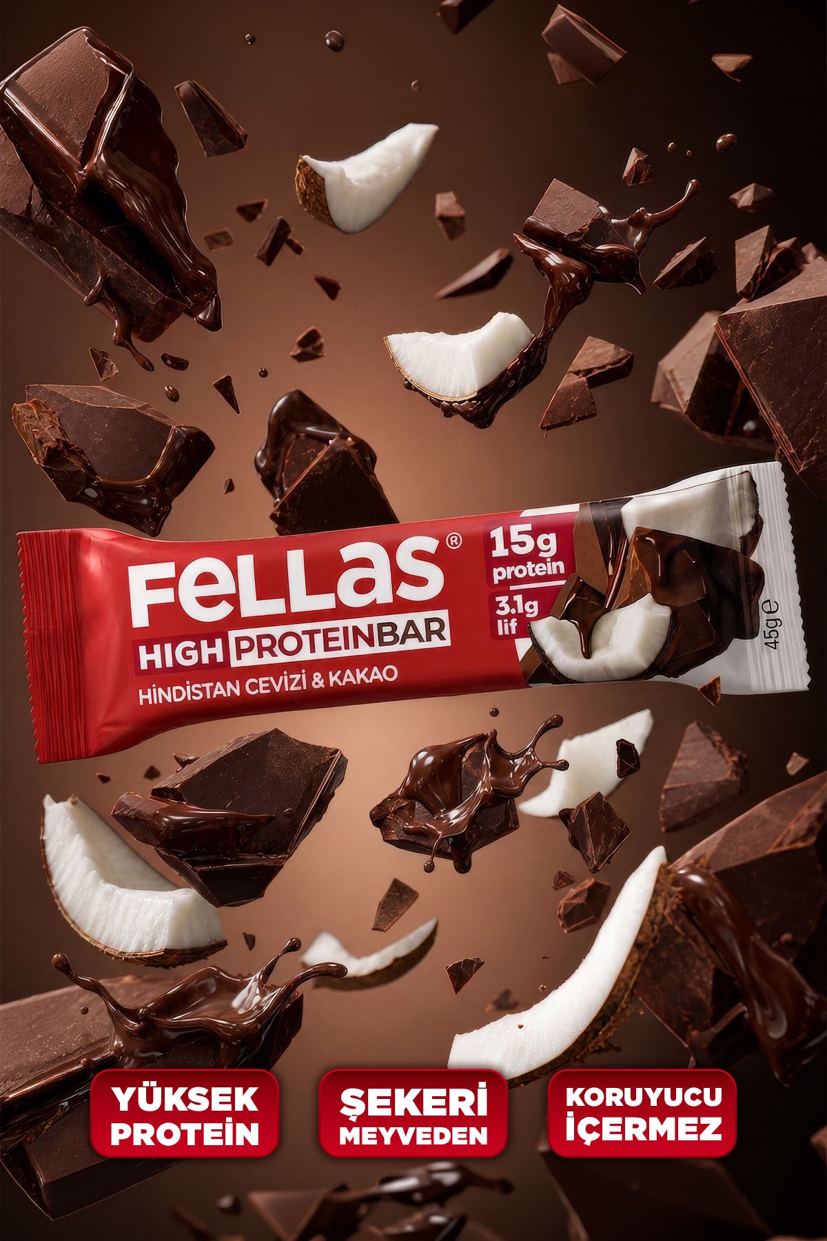 Yüksek Protein Bar - Hindistan Cevizli ve Kakaolu (45 g) x 12 Adet