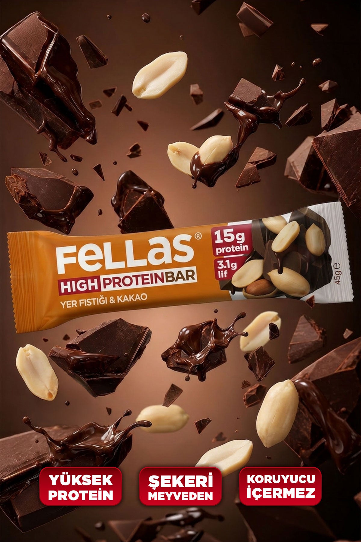 Yüksek Protein Bar - Yer Fıstıklı ve Kakaolu (45 g) x 12 Adet