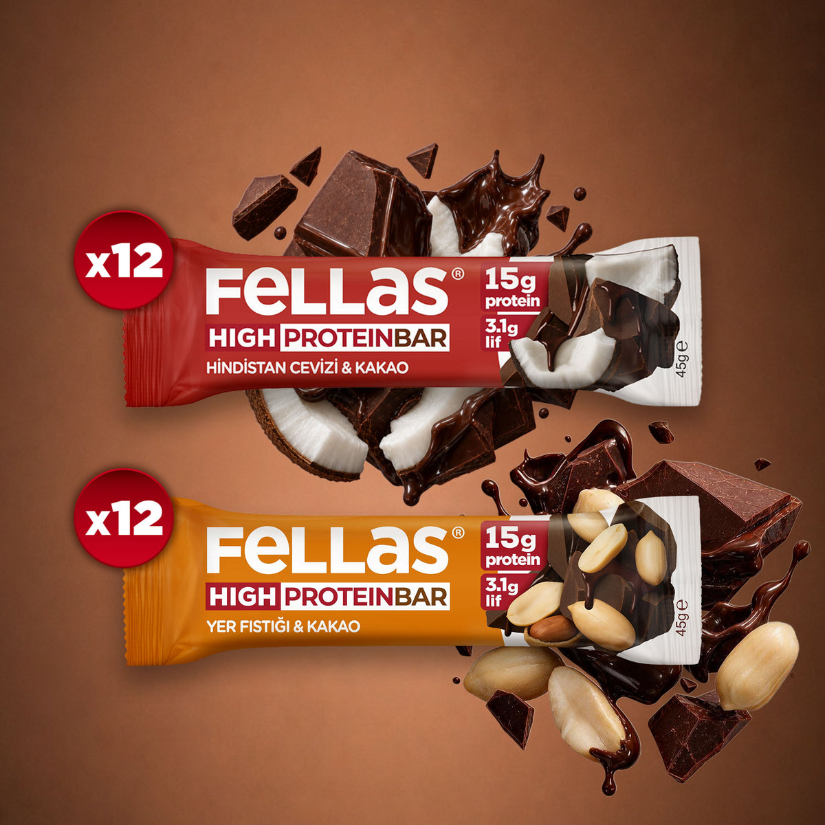 Yüksek Protein Bar (45 g) Süper İkili Kutu - 24 Adet (Yer Fıstıklı x 12 + Hindistan Cevizli x 12)