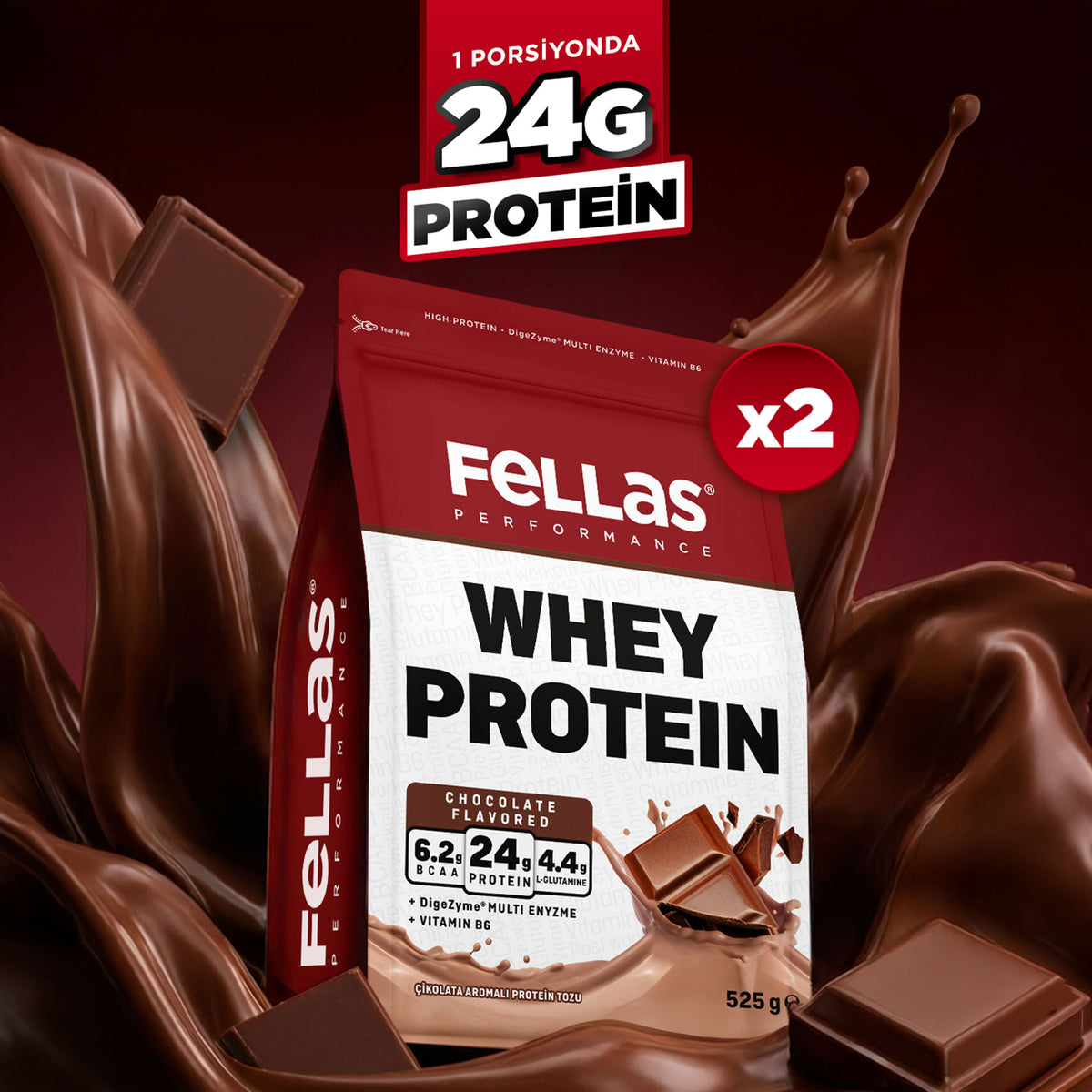 Whey Protein Tozu 24 g Protein 30 Servis Çikolata Aromalı (525 g) x 2