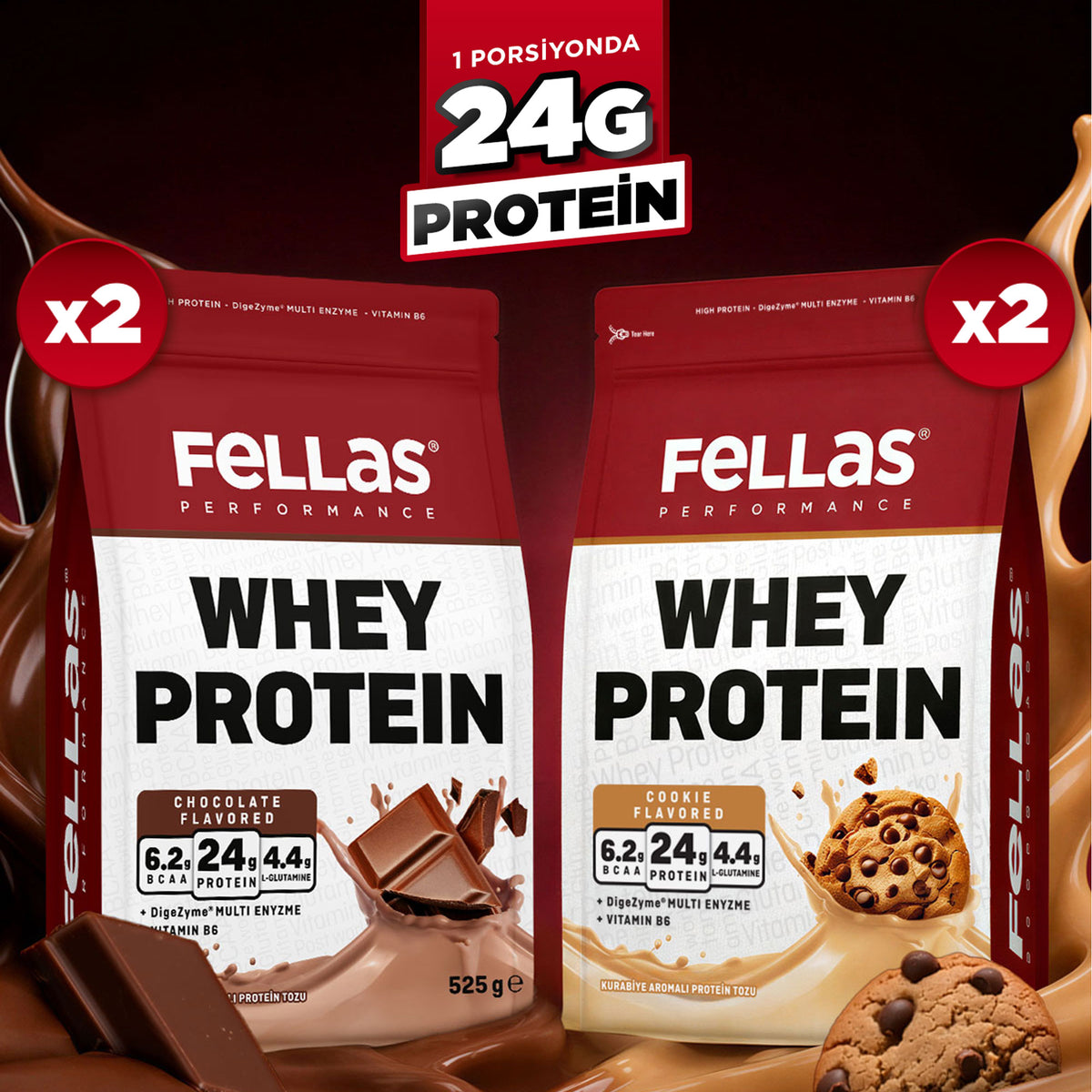 Whey Protein Tozu 24 g Protein 60 Servis Çikolata Aromalı (525 g) x 2 + Kurabiye Aromalı (525 g) x 2