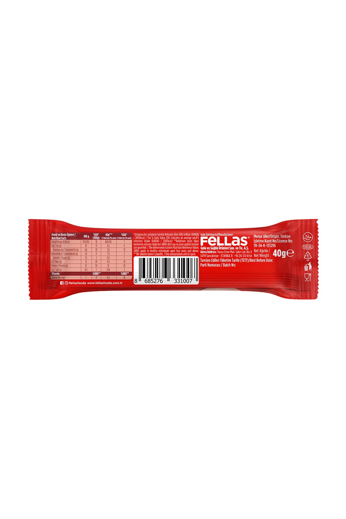 Çikolata Kaplı Yüksek Protein Bar - Kakaolu (40 g) x 12 Adet