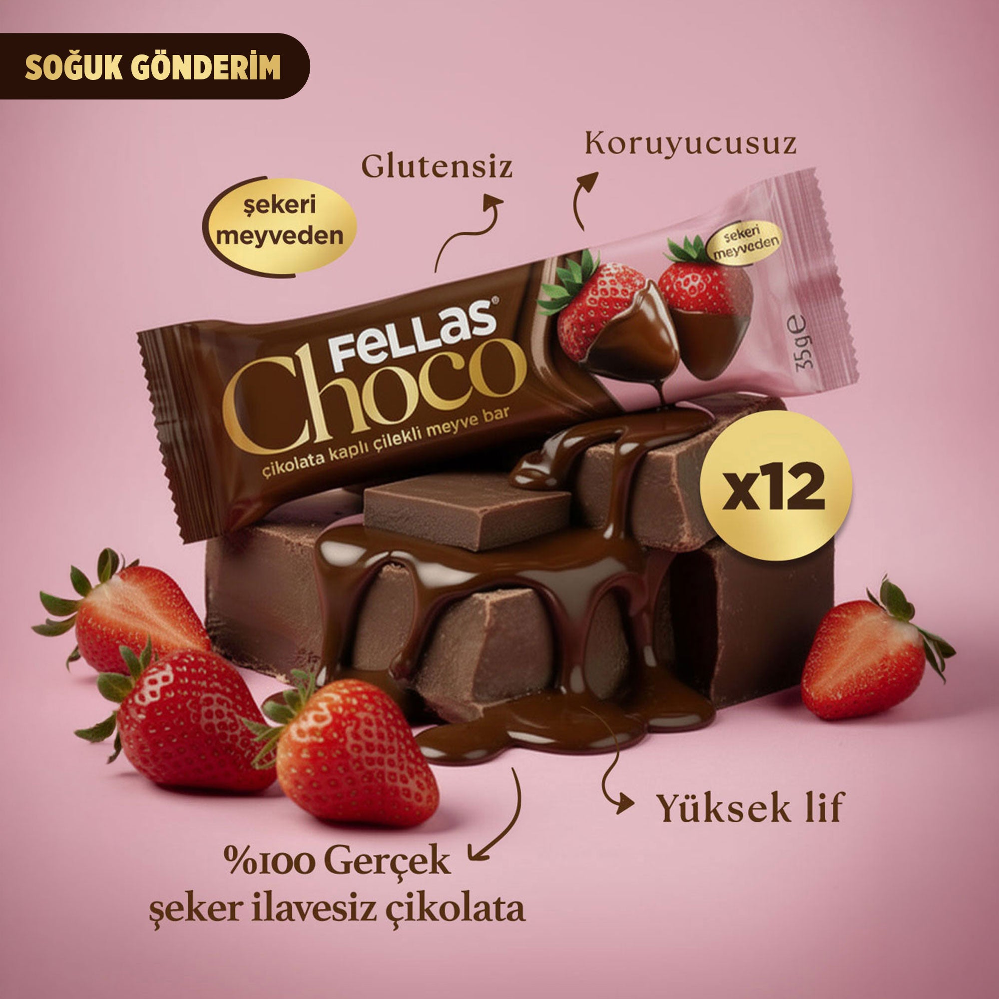 Choco - Çikolata Kaplı Çilekli Meyve Bar (35 g) x 12 Adet