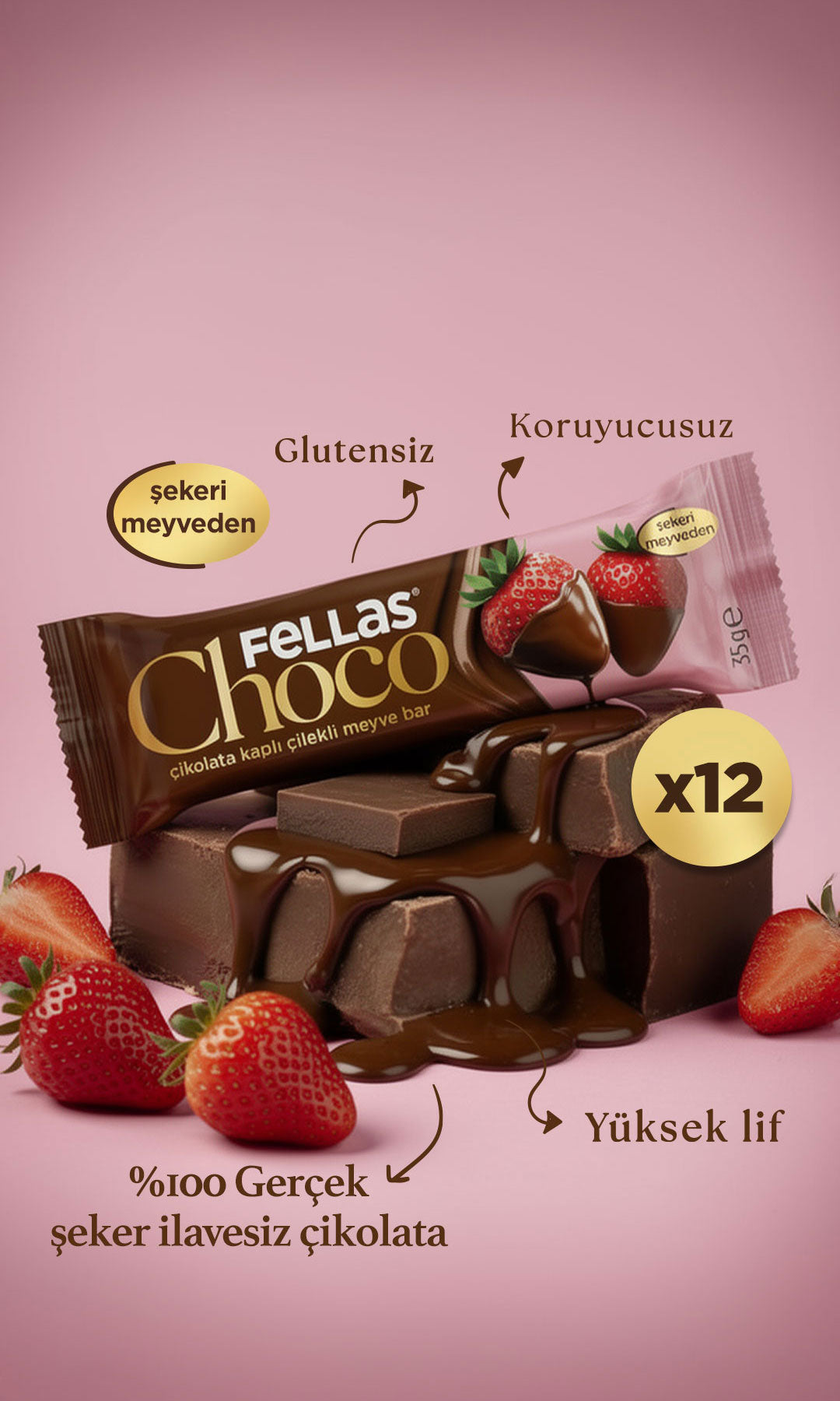 Choco - Çikolata Kaplı Çilekli Meyve Bar (35 g) x 12 Adet