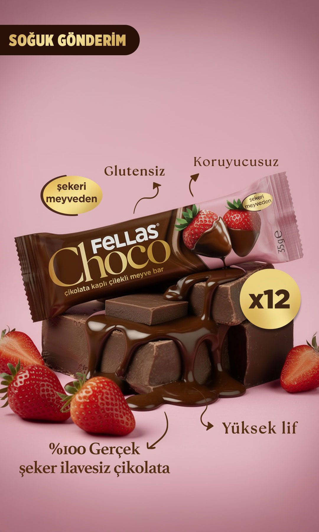 Choco - Çikolata Kaplı Çilekli Meyve Bar (35 g) x 12 Adet