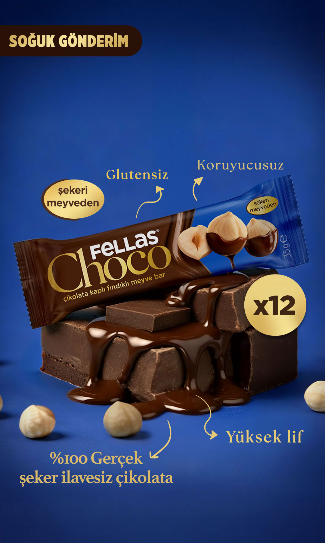 Choco - Çikolata Kaplı Fındıklı Meyve Bar (35 g) x 12 Adet