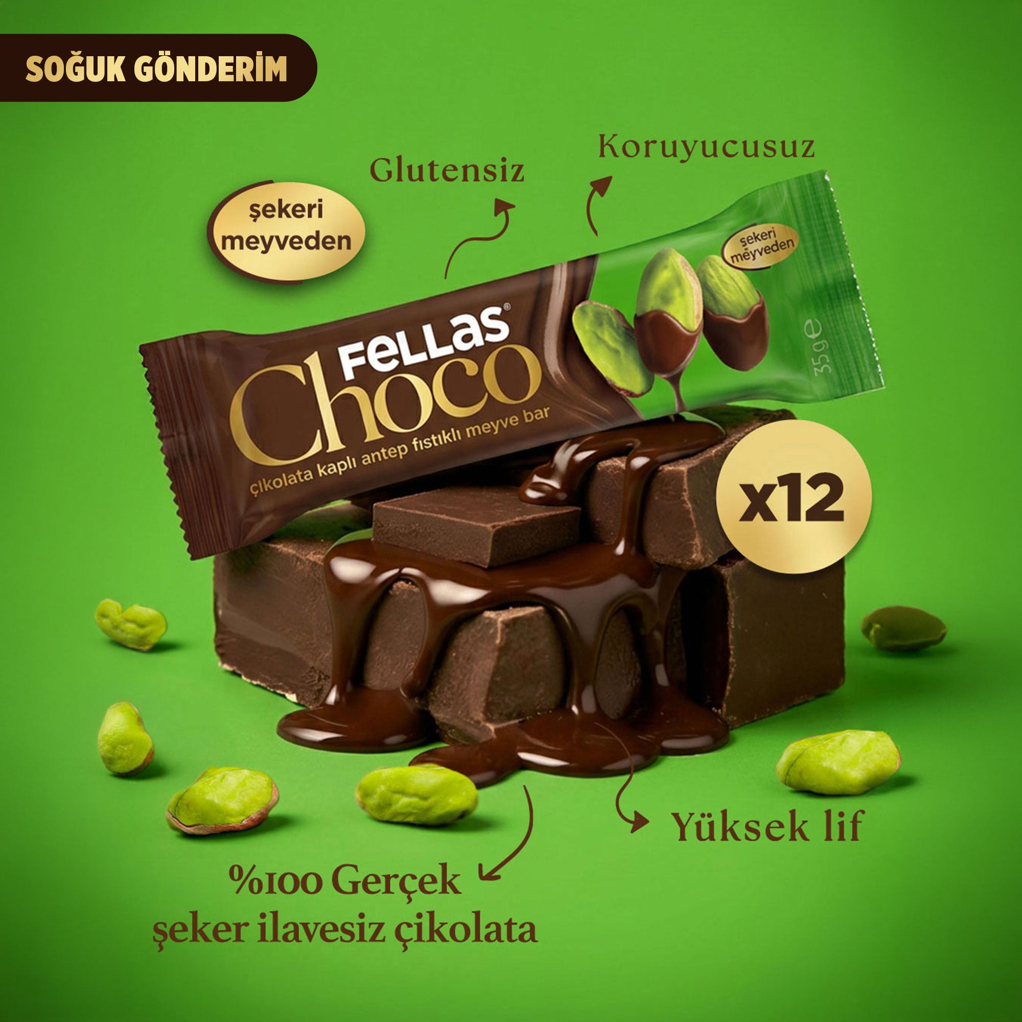 Choco - Çikolata Kaplı Antep Fıstıklı Meyve Bar (35 g) x 12 Adet