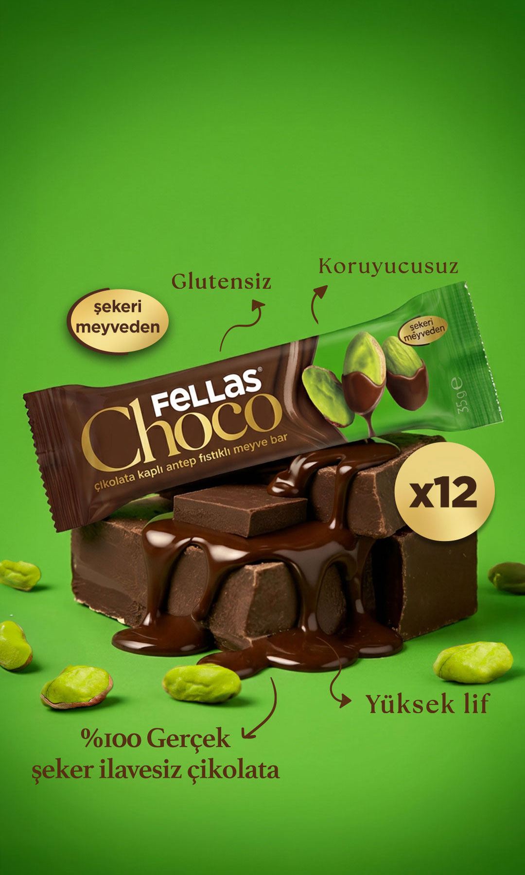 Choco - Çikolata Kaplı Antep Fıstıklı Meyve Bar (35 g) x 12 Adet