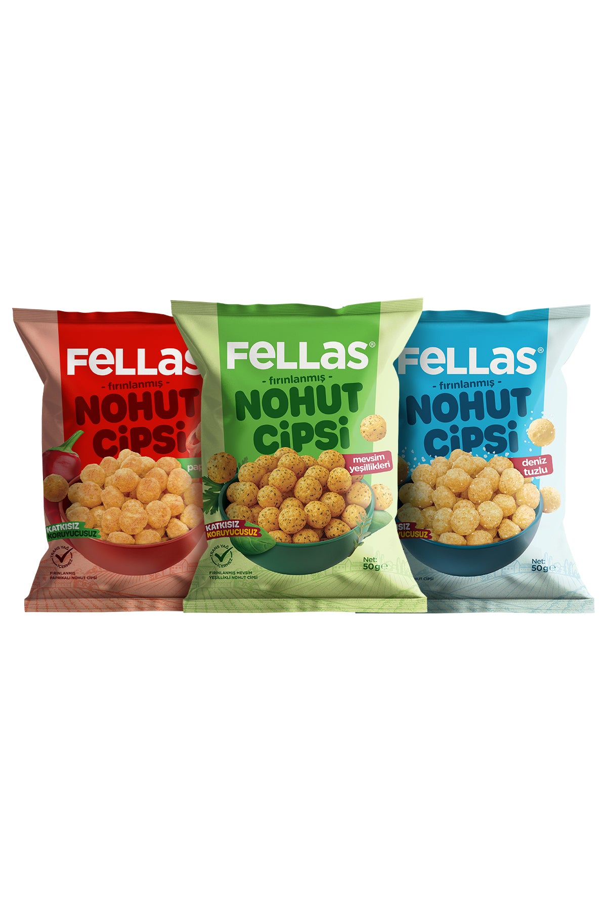 Nohut Cipsi 3'lü Mix - Mevsim Yeşillikleri (50 g) + Paprika (50 g) + Deniz Tuzlu (50 g)