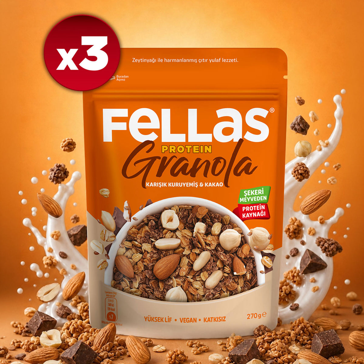 Protein Granola - Karışık Kuruyemiş & Kakao (270 g) - 3'lü Paket