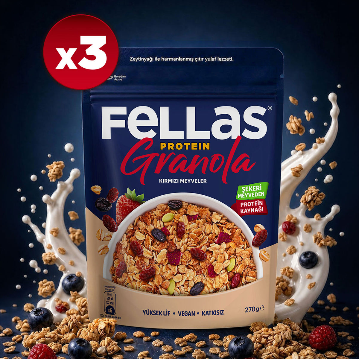 Protein Granola - Kırmızı Meyveler (270 g) - 3'lü Paket
