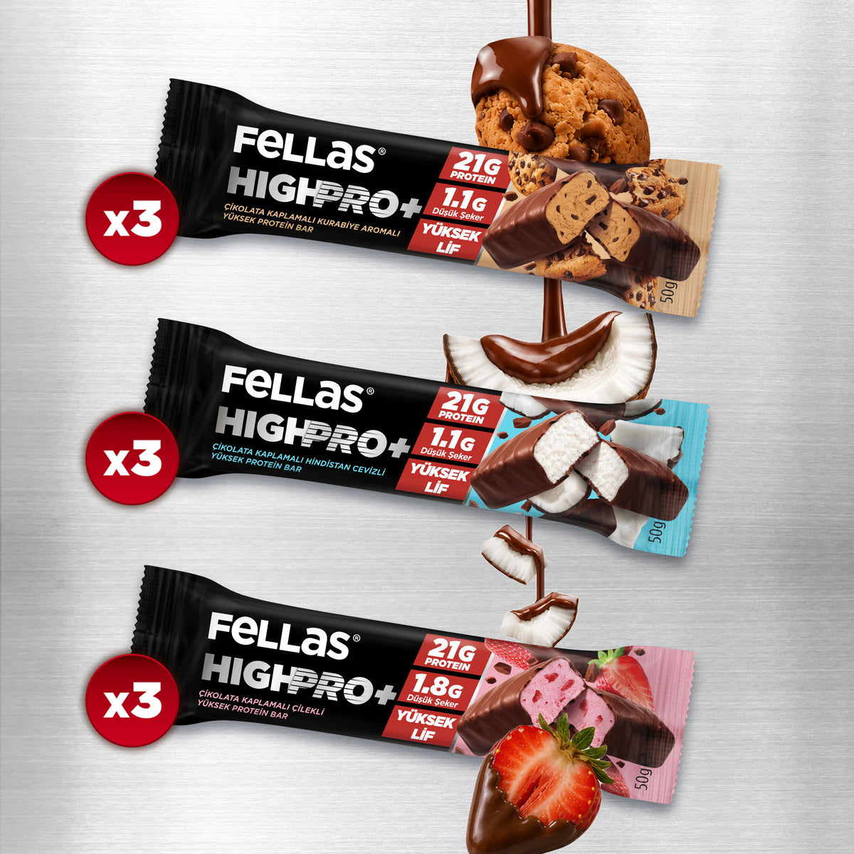 Çikolata Kaplı HighPro+ Protein Bar (50 g) Karma Kutu (3 x 3)