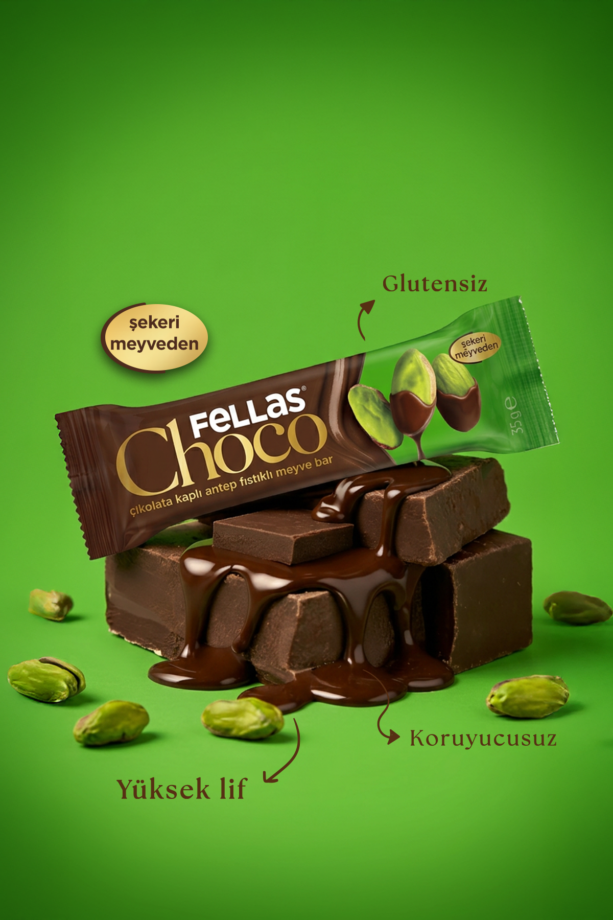 Choco - Çikolata Kaplı Antep Fıstıklı Meyve Bar (35 g) x 12 Adet