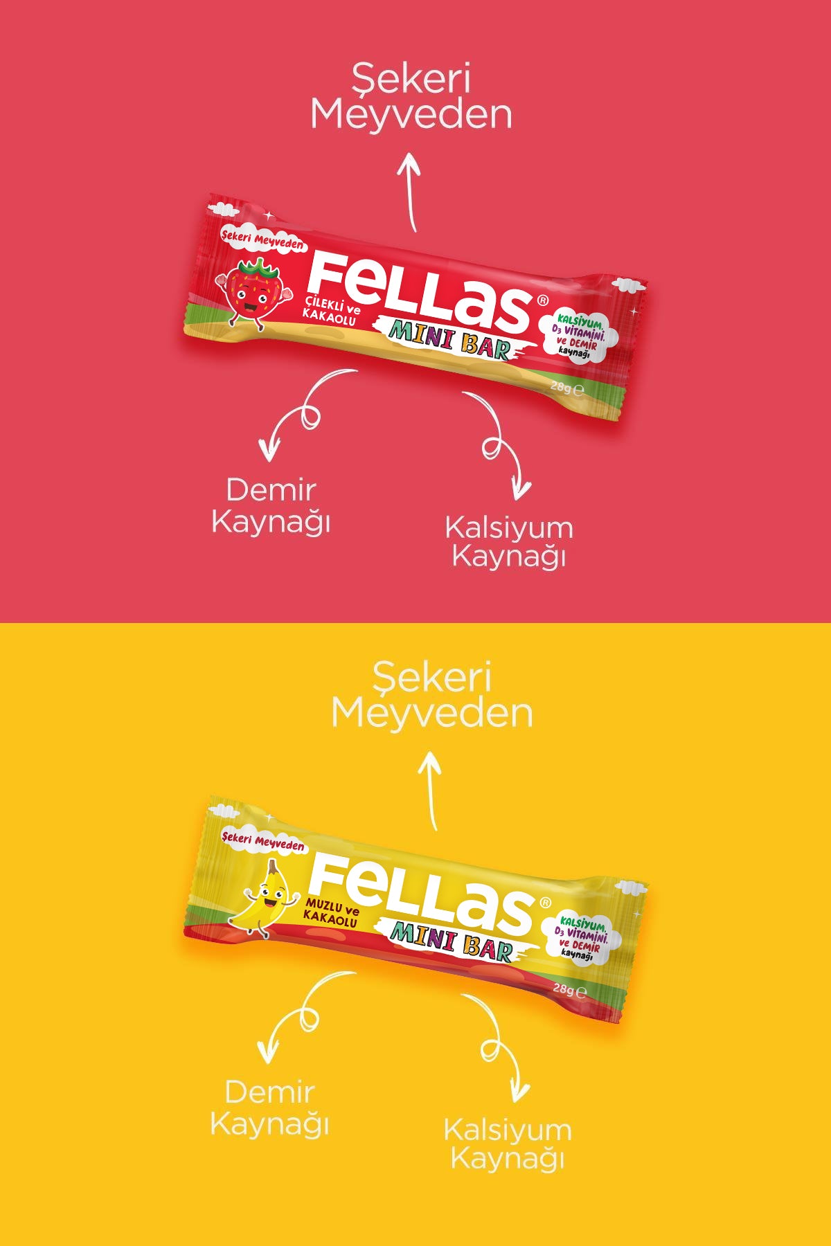 Mini Meyve Bar (28 g) Süper İkili Kutu - 24 Adet (Muzlu ve Kakaolu x 12 Adet + Çilekli ve Kakaolu x 12 Adet)