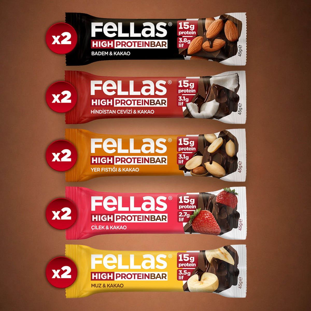 Yüksek Protein Bar (45 g) Karma Kutu - 10 Adet (5 Çeşit)